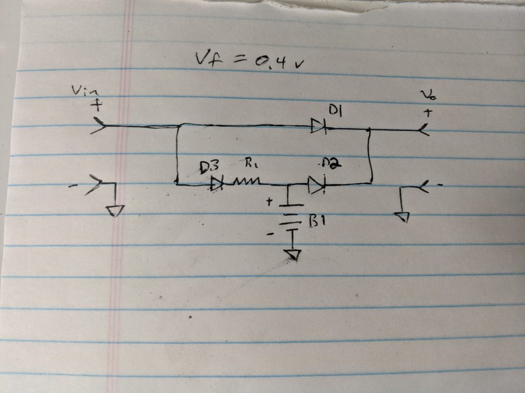 The schematic of the Diode-OR UPS.  It shows the positive connection from a power source, Vin+, connecting to the positive connection of an output, Vo+, through diode D1.  The positive connection of a battery, B1, also connects to Vo+, through diode D2.  Vin+ also connects to the positive of B1 through diode D3 and resistor R1.